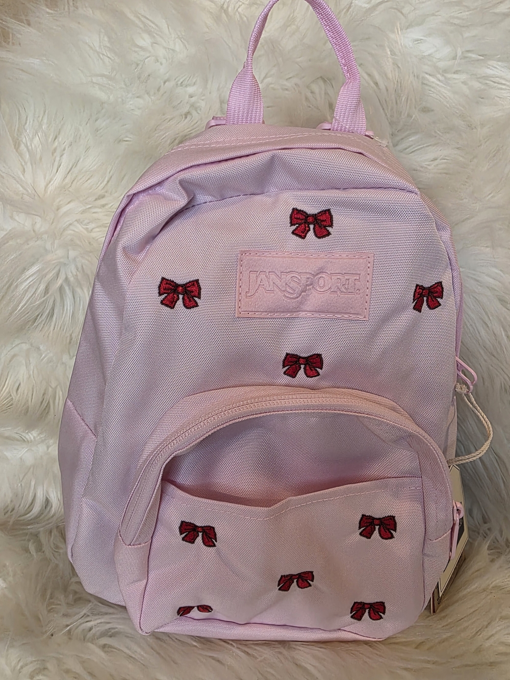 NWT JanSport Half Pint FX Mini Backpack viral Embroidered Bows BEGONIA PINK - Picture 4 of 9